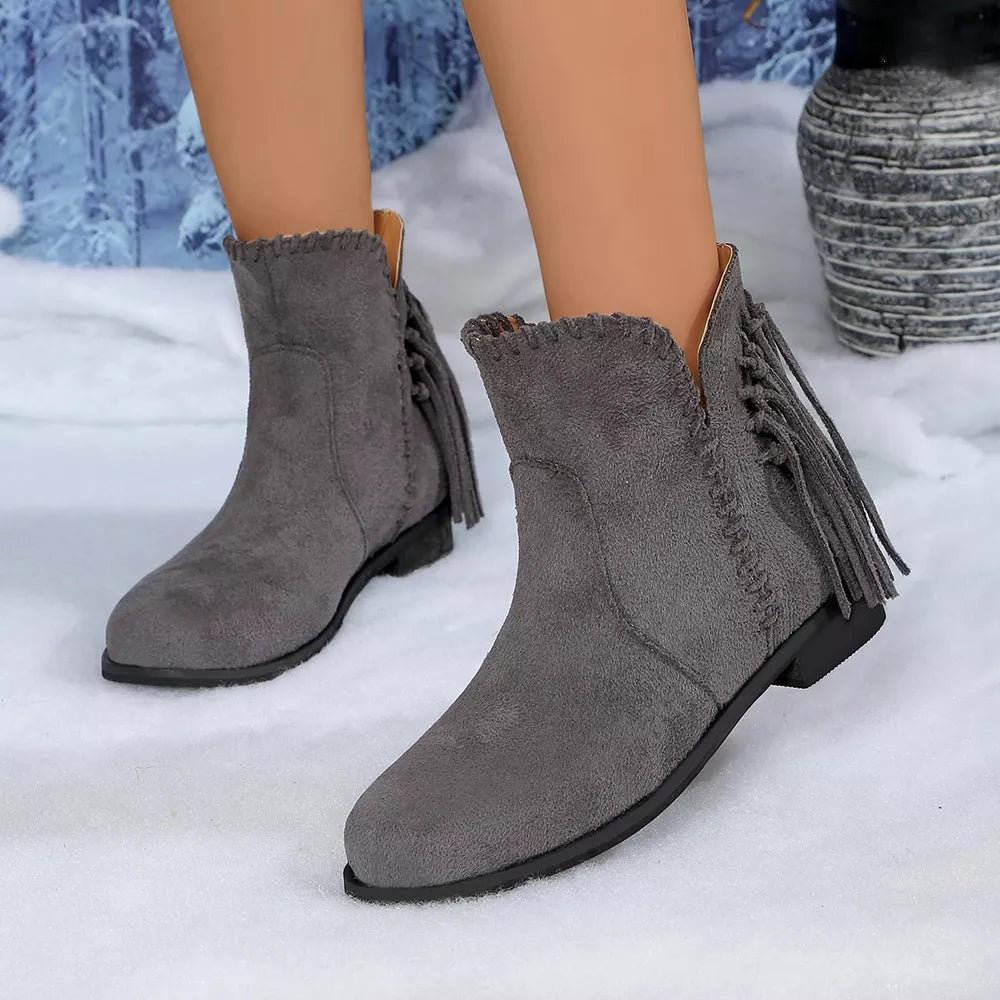 ankle boots in slate gray with fringe detail and ankle-length