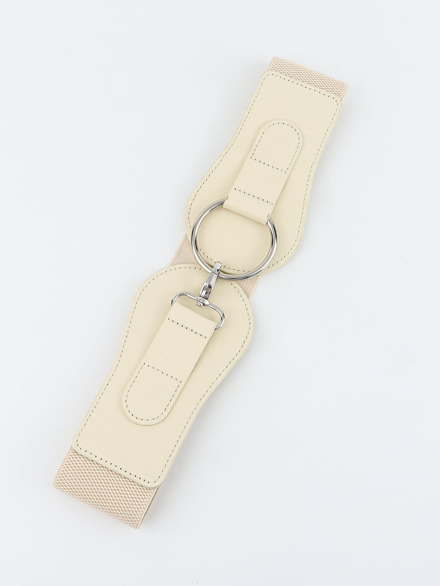 White cincher belt with silver ring buckle and elastic band