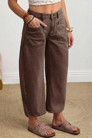 Solid Color Square Patch Pocket Barrel Jeans option 7