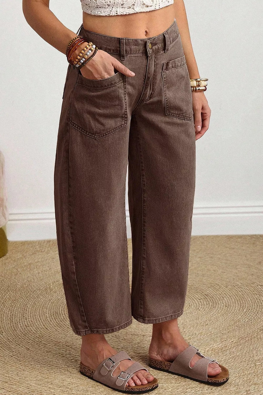 Solid Color Square Patch Pocket Barrel Jeans option 7