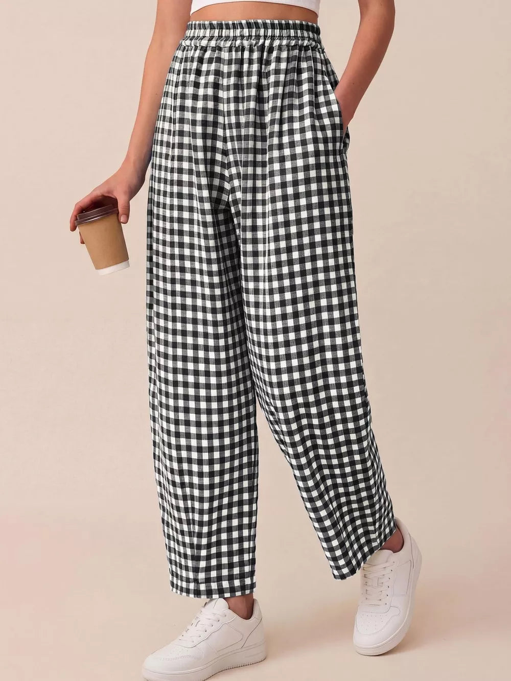 white wide-leg pants featuring pocketed and gingham
