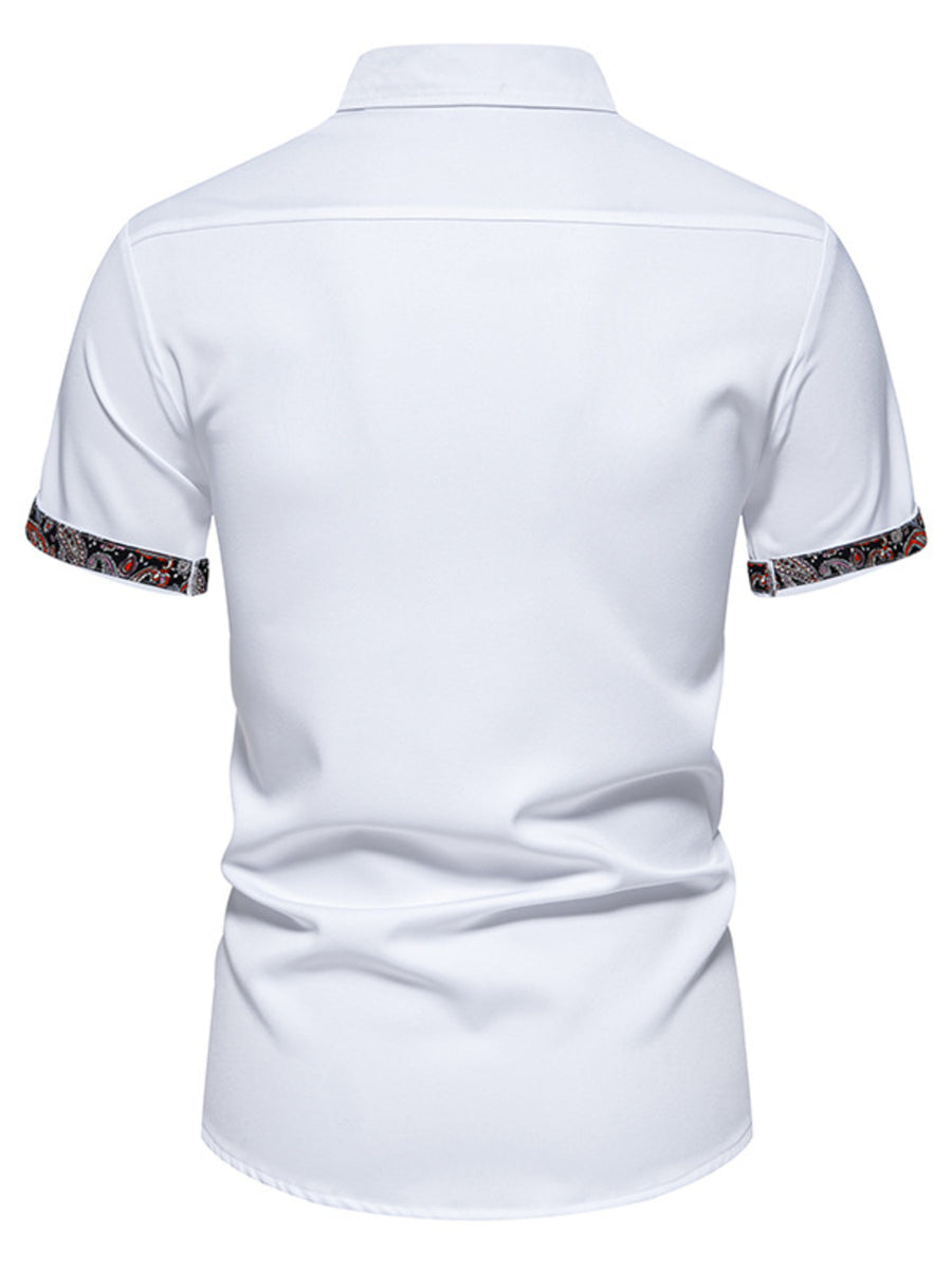 White short sleeve shirt with paisley trim on sleeves, cotton blend, curved hem