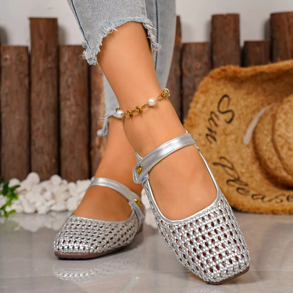 silver flats with snap and woven