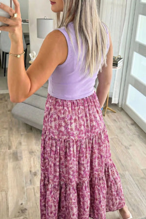 Floral tiered maxi dress with ribbed lilac tank bodice.
