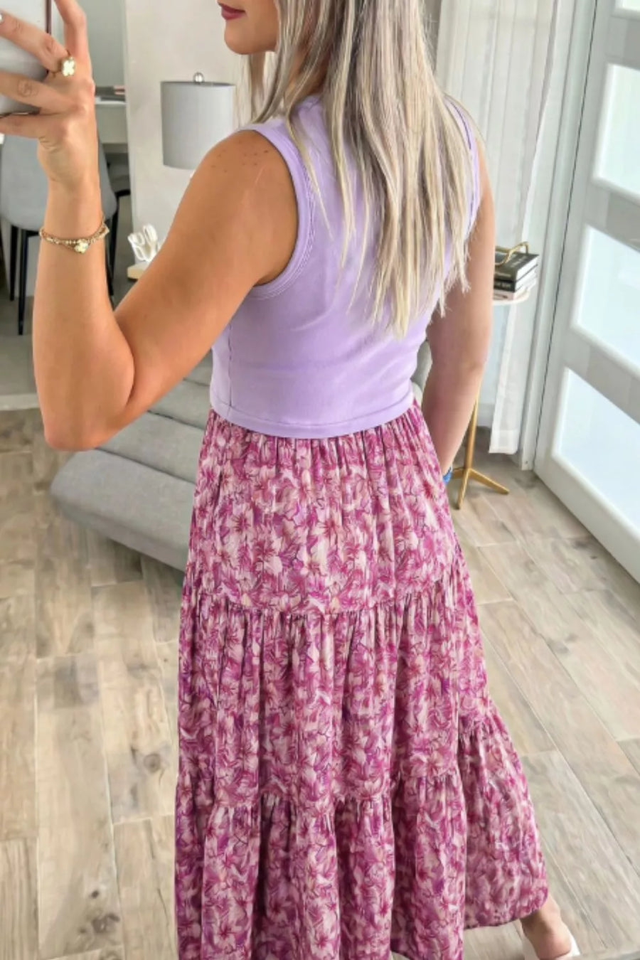 Floral tiered maxi dress with ribbed lilac tank bodice.