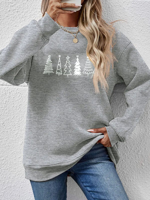 Grey oversized sweatshirt with white festive tree line graphic, crew neck, long sleeves.
