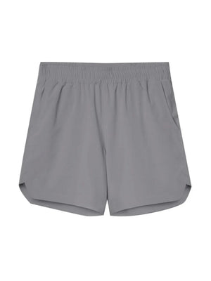 Gray performance drawstring running shorts with elastic waistband and side pockets.