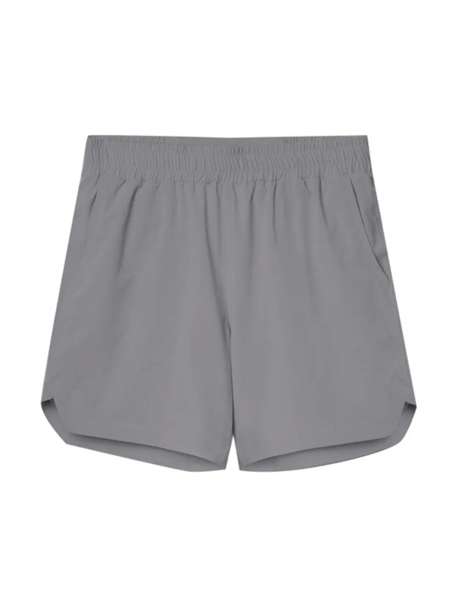 Gray performance drawstring running shorts with elastic waistband and side pockets.