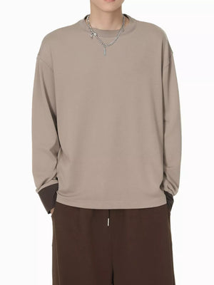 Relaxed fit coffee long sleeve t-shirt with contrasting dark cuffs, cotton.