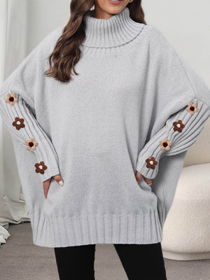 Oversized Turtleneck Sweater With Floral Sleeves in Military Green with ribbed