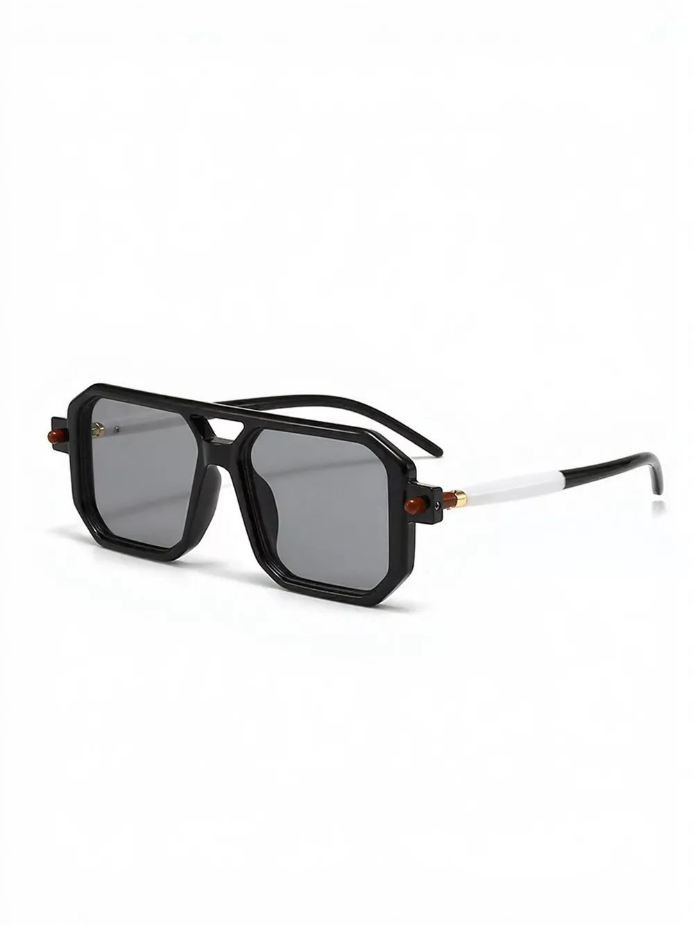 Black square frame sunglasses with gray lenses and white temple arms.