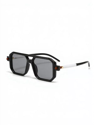 Black square frame sunglasses with gray lenses and white temple arms.
