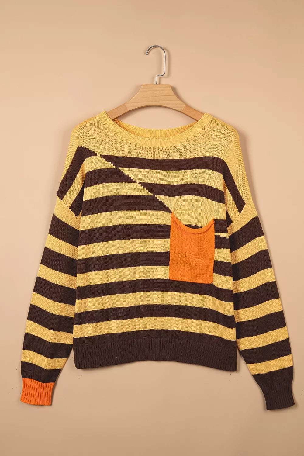 pullover sweater in Gold with striped and pocketed