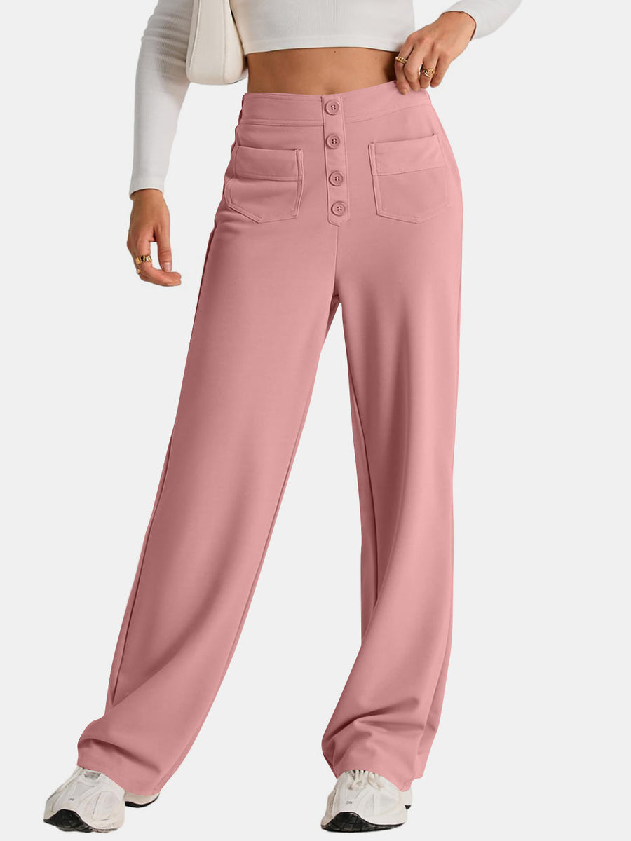 Button-front palazzo trousers in pale blush with four button details and two front pockets.