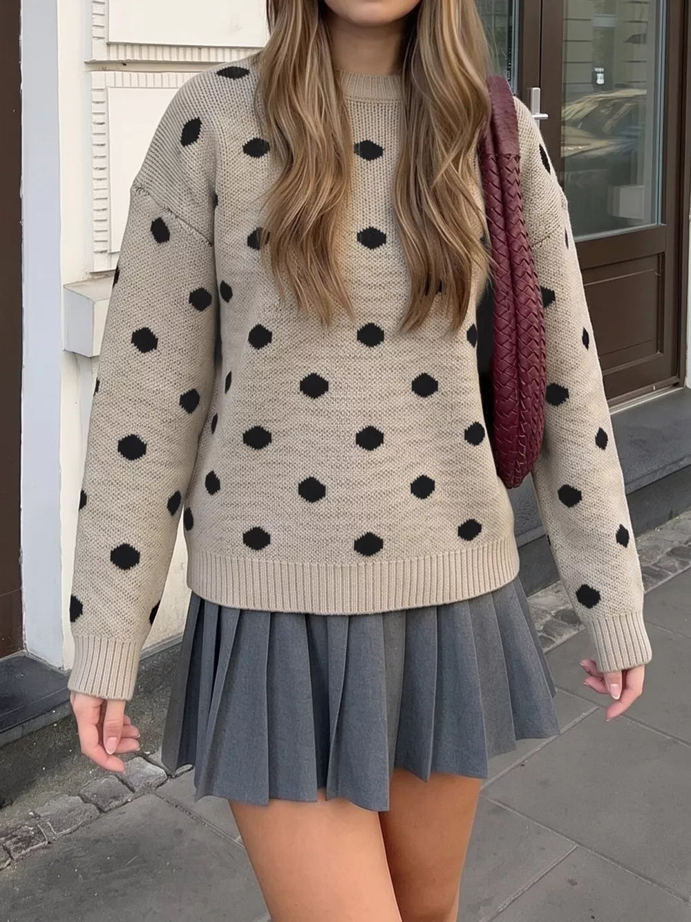 Khaki Polka Dot Dropped Shoulder Sweater