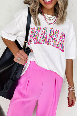 White floral mama graphic t-shirt with short sleeves and crew neck.