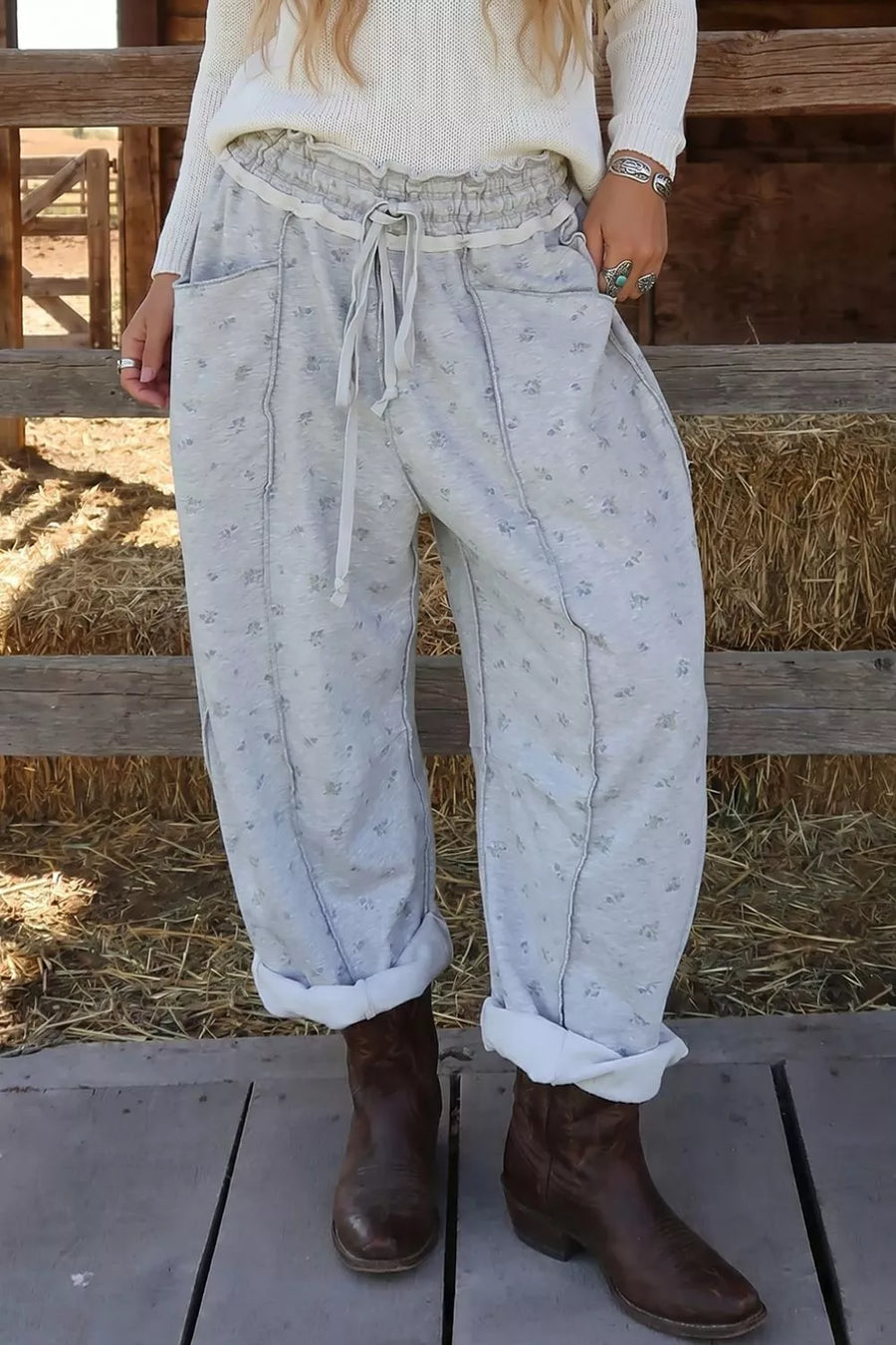 Light Gray with Floral Print Elastic Waist Regular Fit Pants in Light Gray