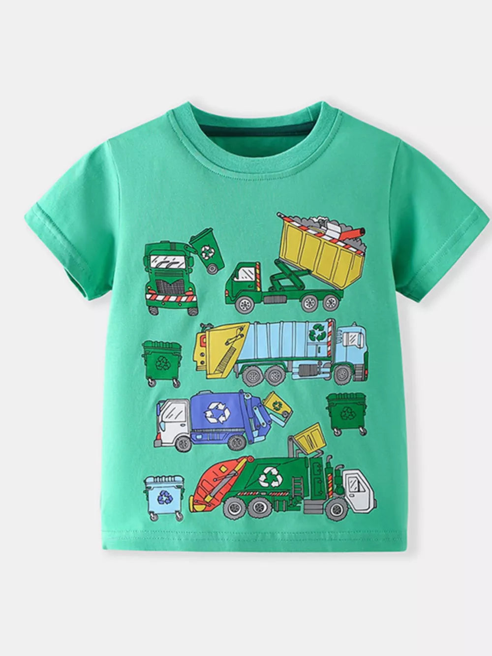 Green cotton t-shirt with a whimsical truck print for toddlers.