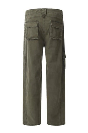 Army green utility cargo pants with wide legs and multiple pockets.