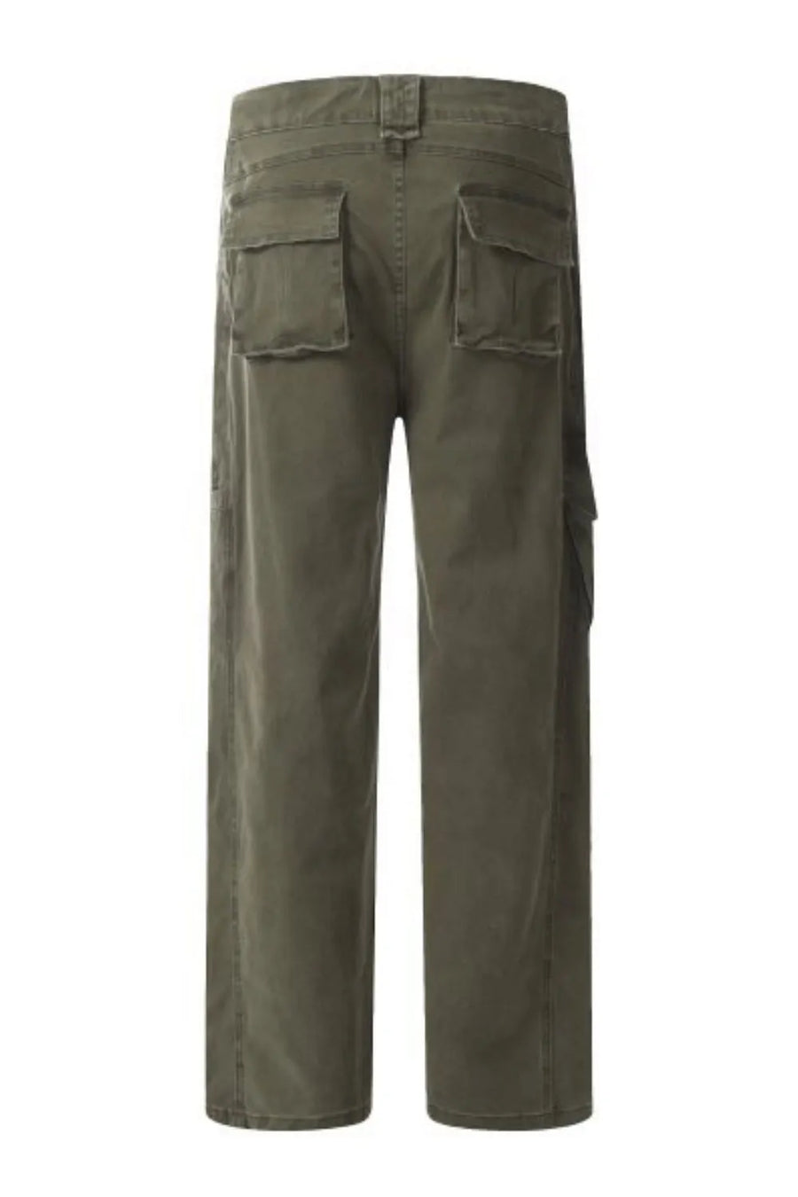 Army green utility cargo pants with wide legs and multiple pockets.
