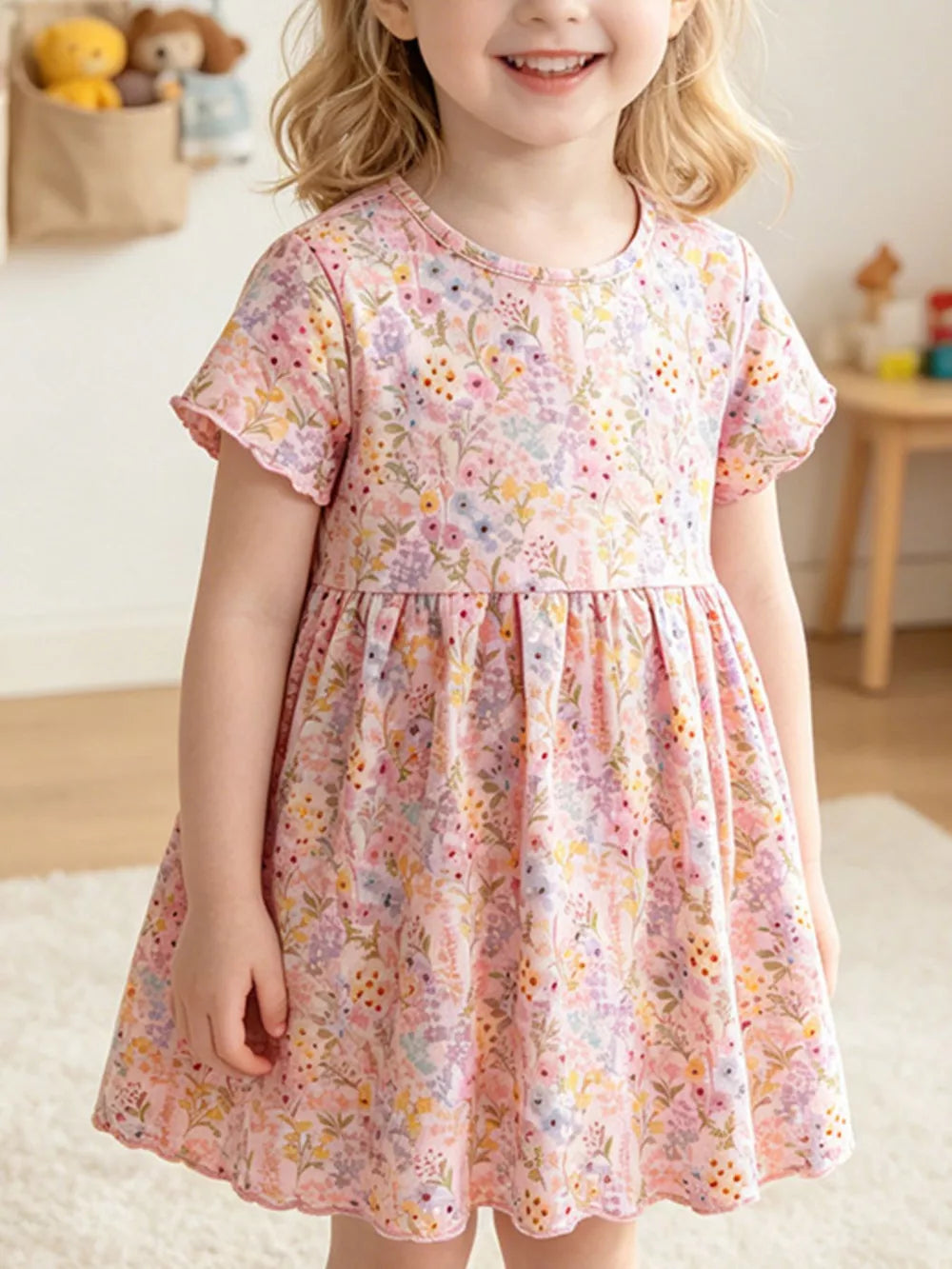 Pastel floral ruffled A-line dress for baby girls, short sleeves, round neck, cotton fabric.