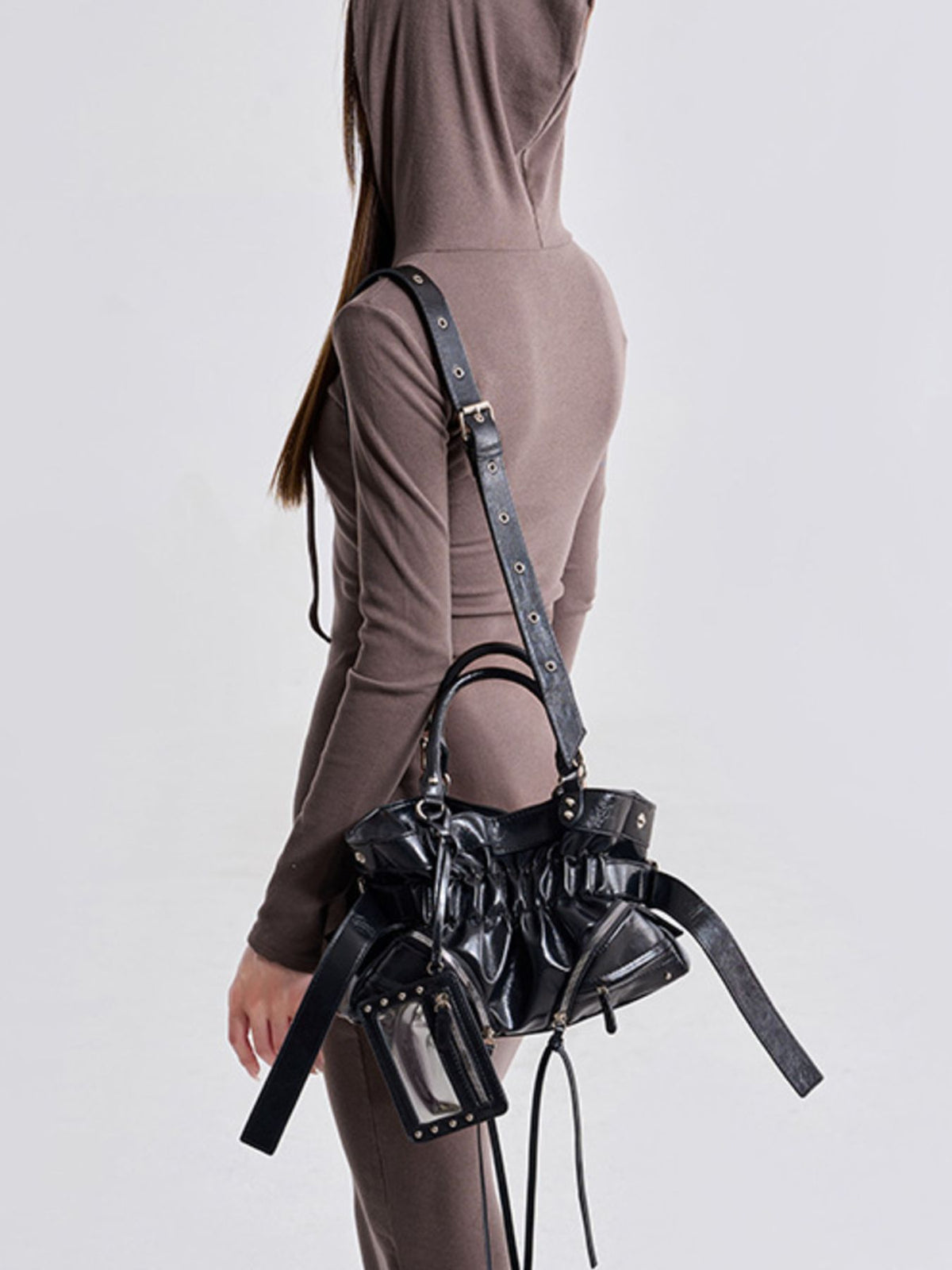 Patent Leather Ruched Crossbody Bag in black with ruched