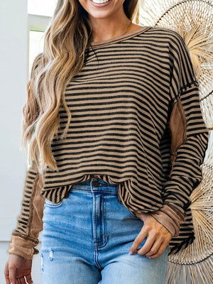 Casual striped drop shoulder knit top with contrasting side panels