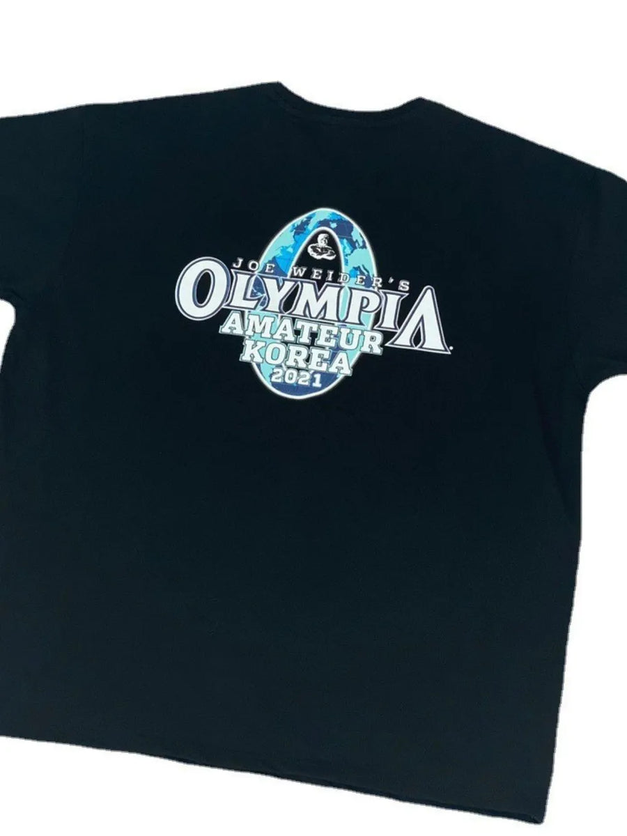 Black oversized t-shirt with Olympia Amateur Korea 2021 graphic print.