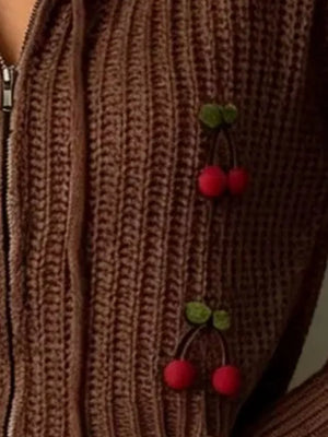 Brown Cherry Knit Zip-up Hooded Sweater