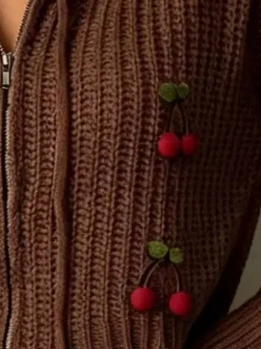 Brown Cherry Knit Zip-up Hooded Sweater