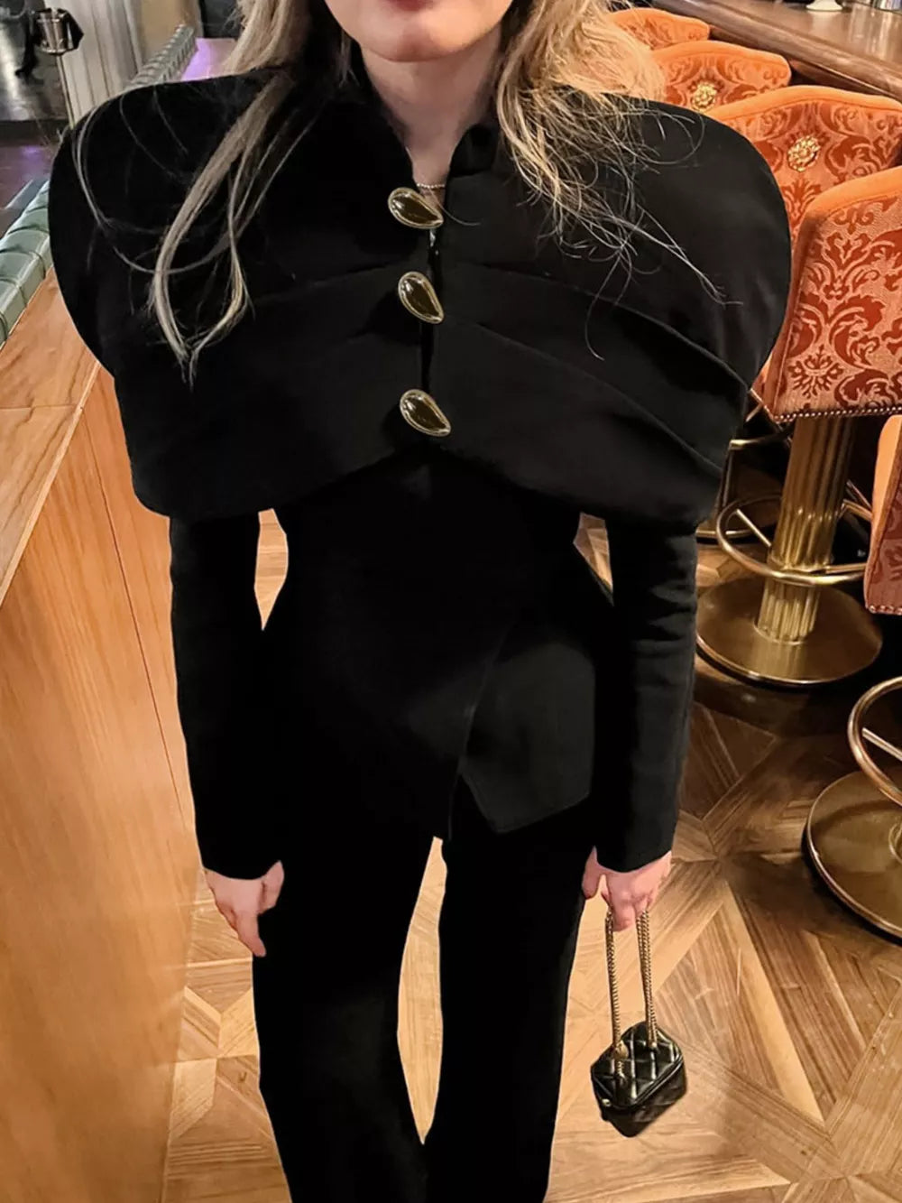 black blazer with stand collar and long sleeve