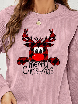 Dusty Pink corduroy sweatshirt with reindeer graphic and Merry Christmas text.