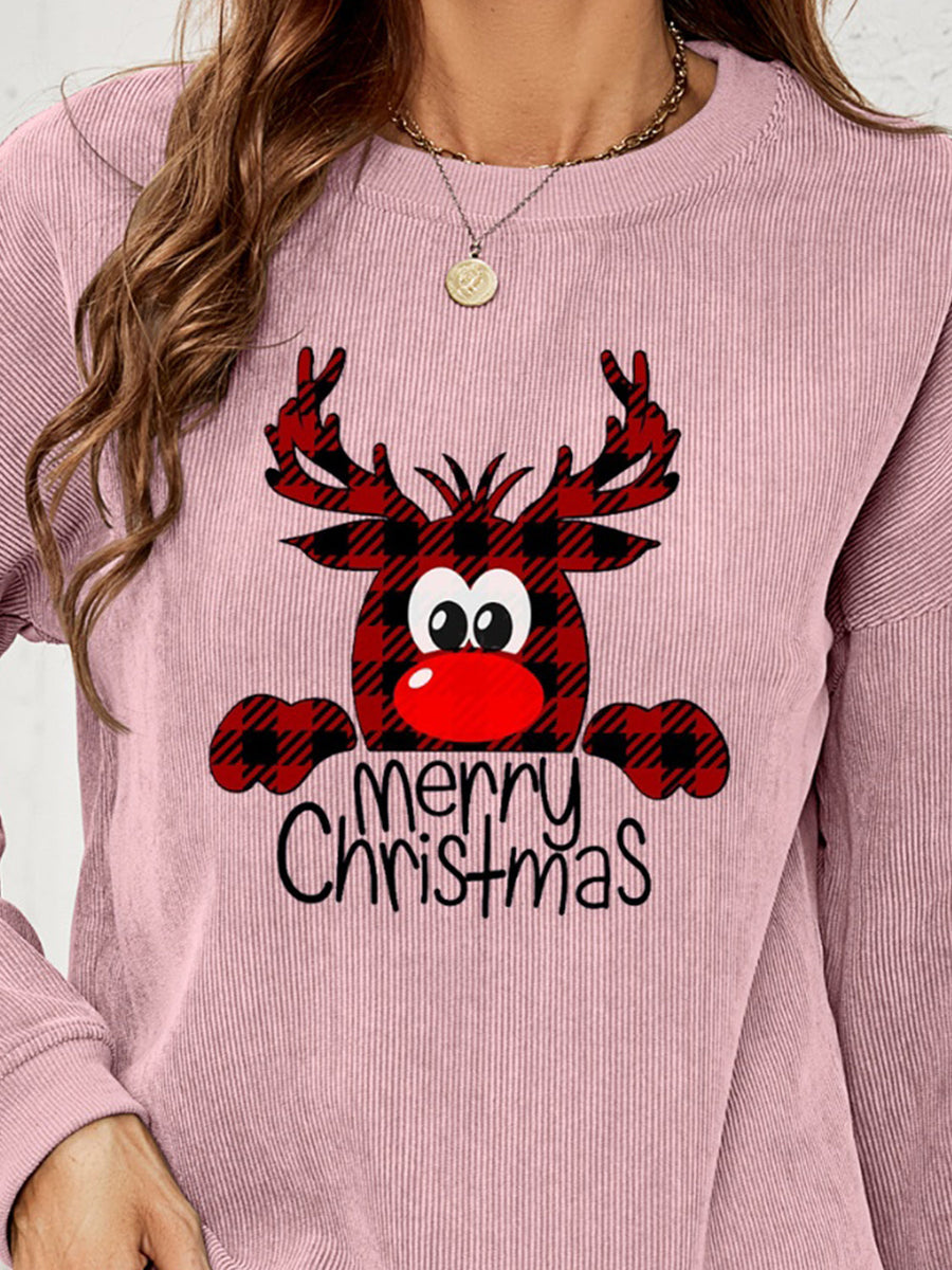 Dusty Pink corduroy sweatshirt with reindeer graphic and Merry Christmas text.