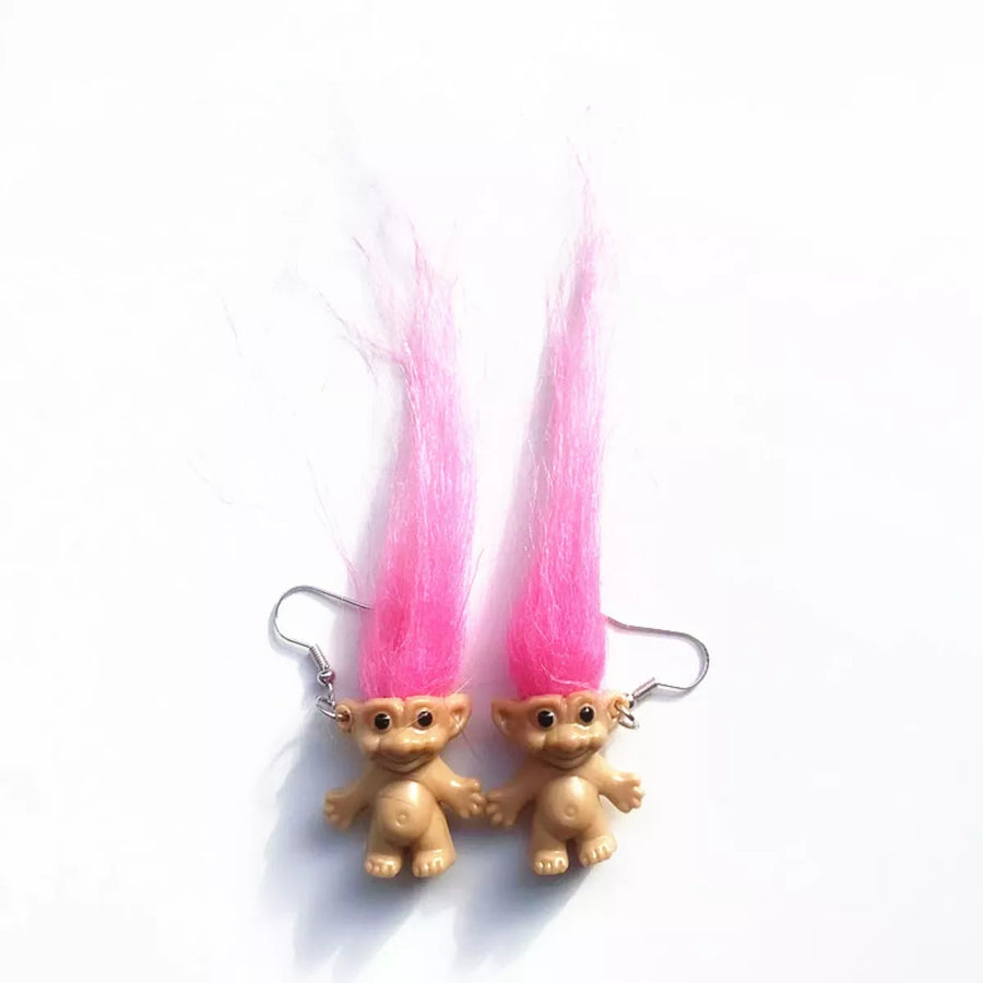 Pink troll doll dangle earrings for kids with fuzzy hair