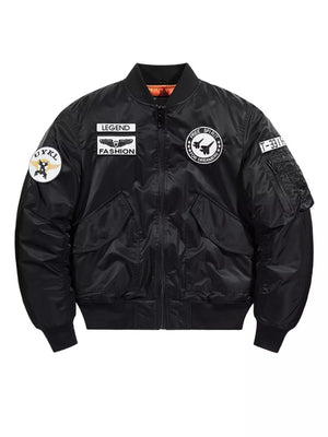Black bomber jacket with embroidered patches and zippered sleeve pocket.