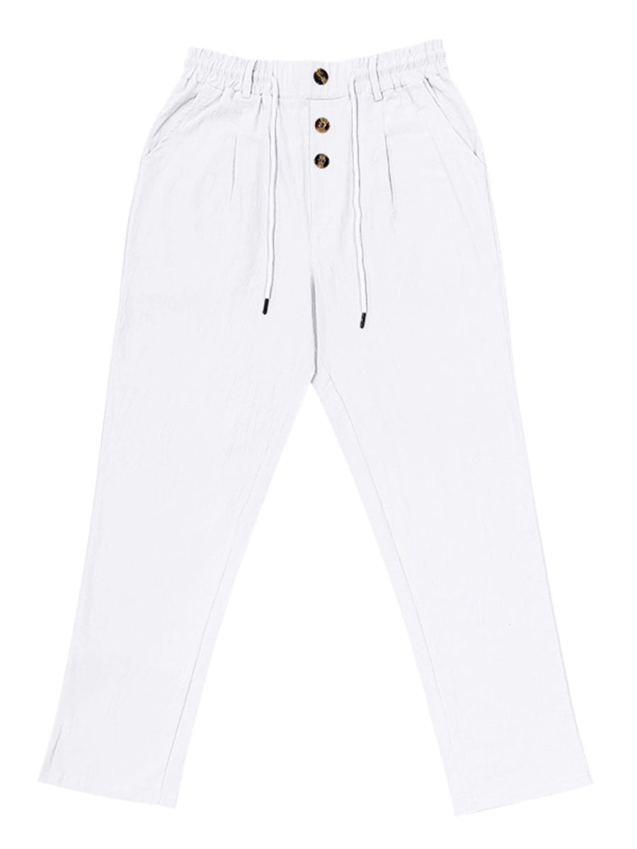 Men's Full Size Drawstring Button-Front Pants in White with button-front detail