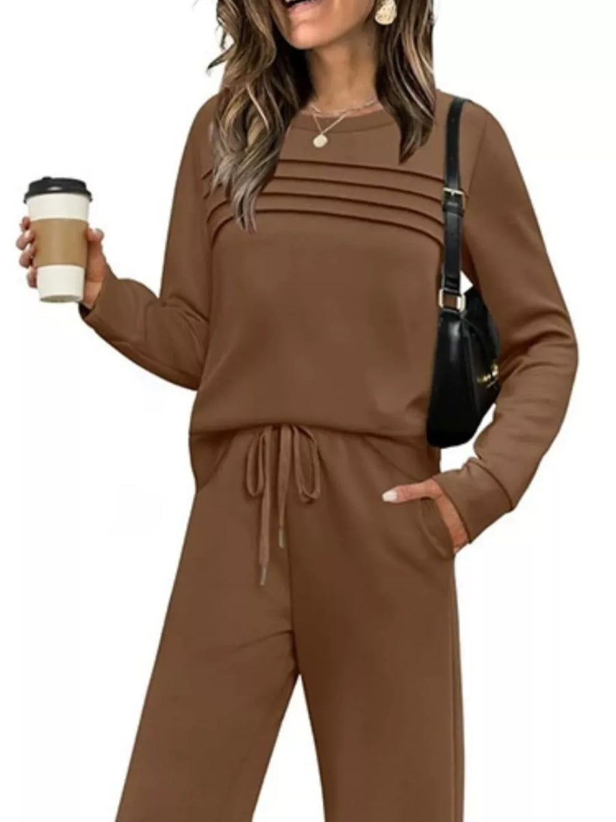 Casual Long Sleeve Crewneck Top & Drawstring Pants Set in Apricot