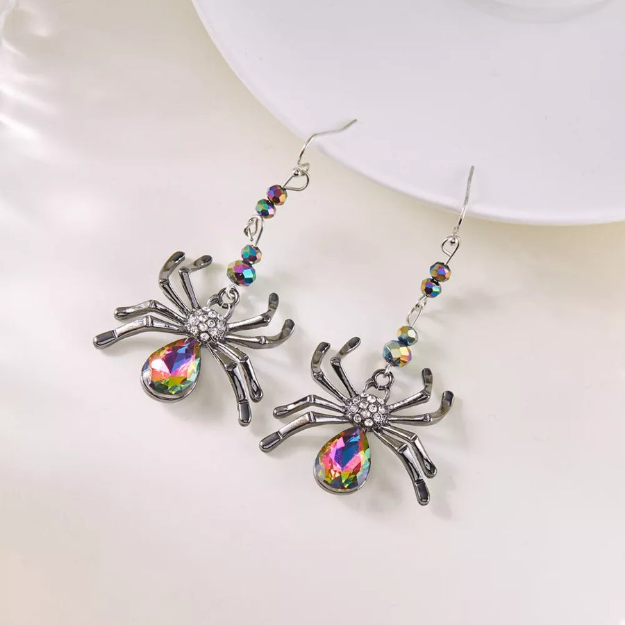earrings in Heliotrope Purple with spider motif and dangle