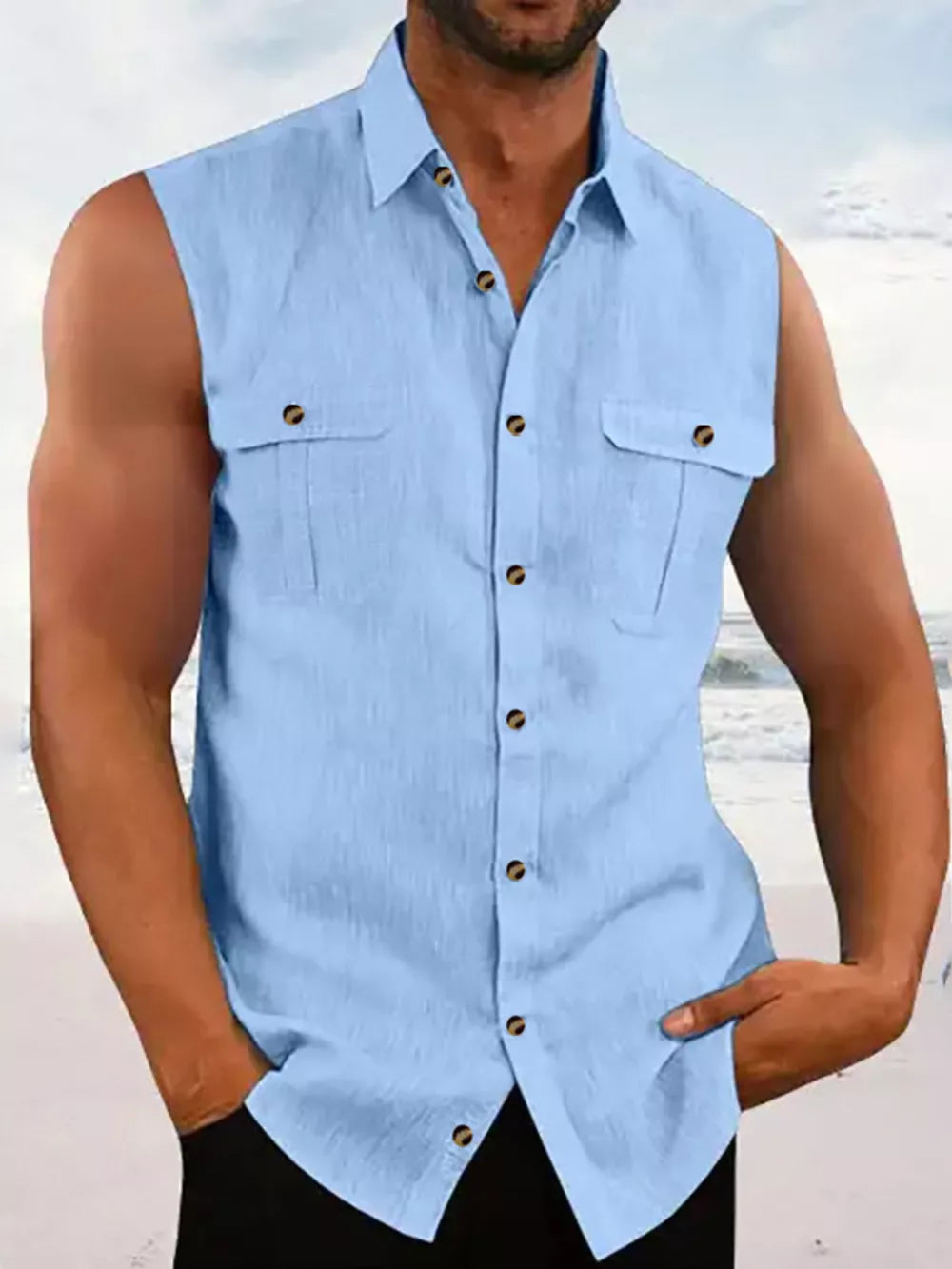 Green Men's Sleeveless Button-up Shirt With Chest Pockets