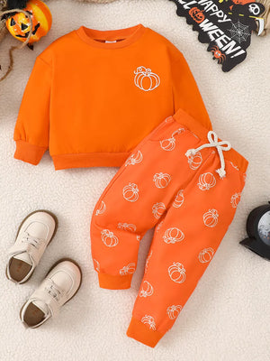 orange Sweatshirt and Pants Set with pumpkin print and crew neck