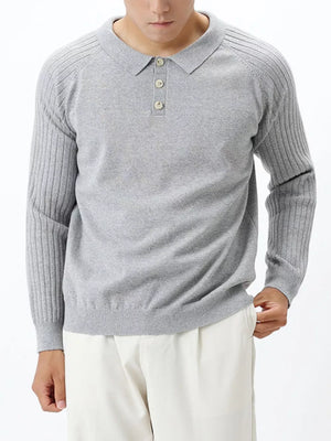 Men's light gray ribbed sleeve knit polo top with button placket.