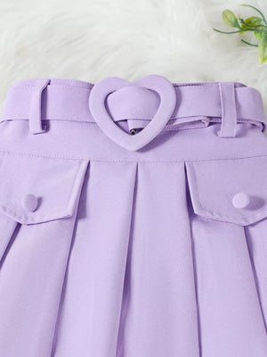 Purple pleated skirt with heart belt and button flap pockets