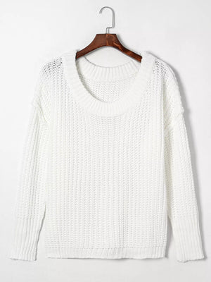 White with Ribbed Knit Round Neck Chunky Sweater in White