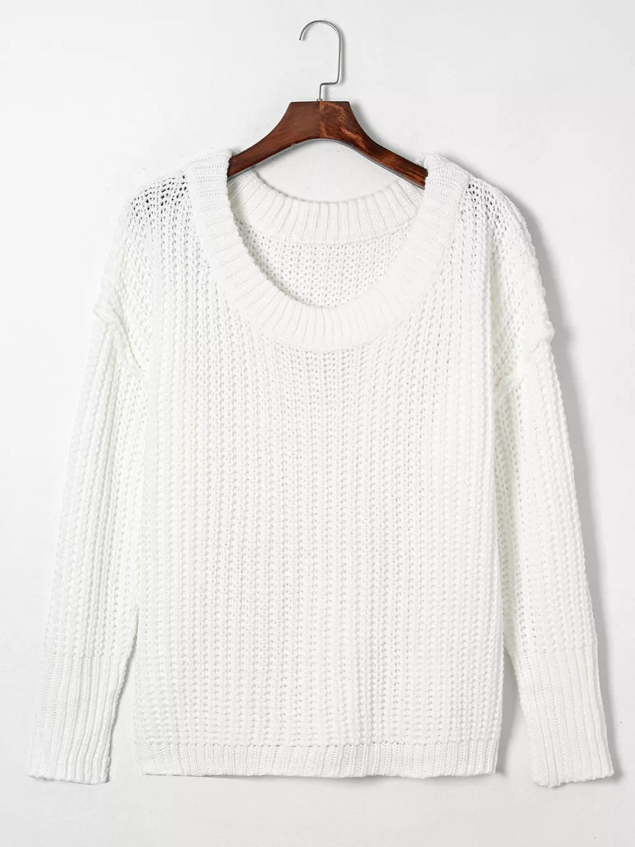 White with Ribbed Knit Round Neck Chunky Sweater in White
