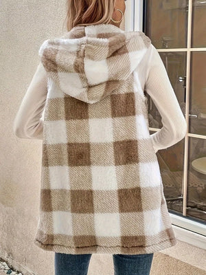 Hooded sherpa vest coat in khaki plaid with a fuzzy texture and long hem.