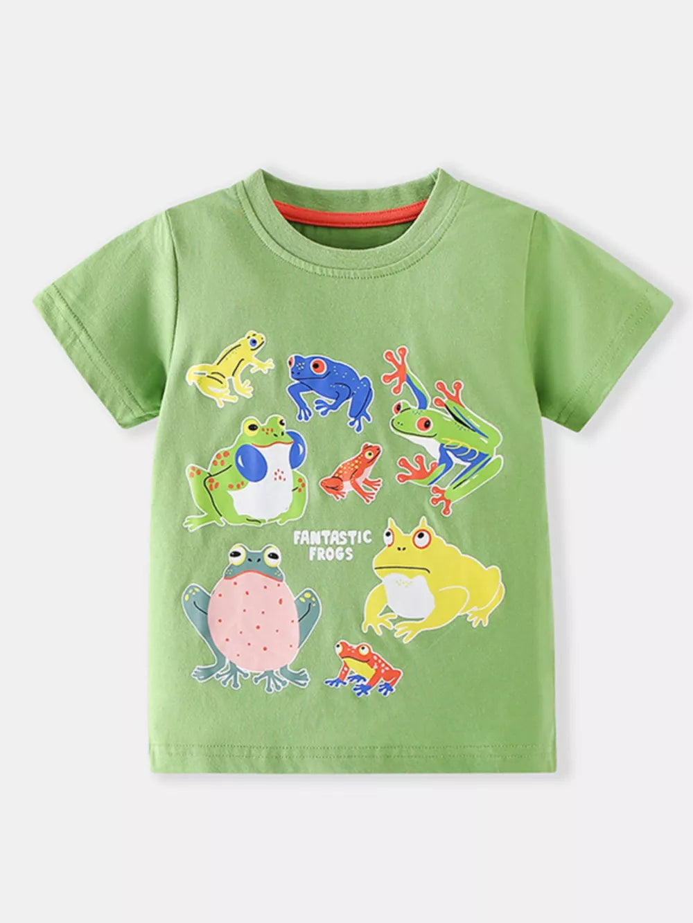 Green cotton crew neck t-shirt with a graphic print of various colorful frogs and the text Fantastic Frogs.