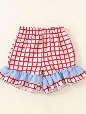 Baby shorts with red checkered pattern and blue ruffled hem