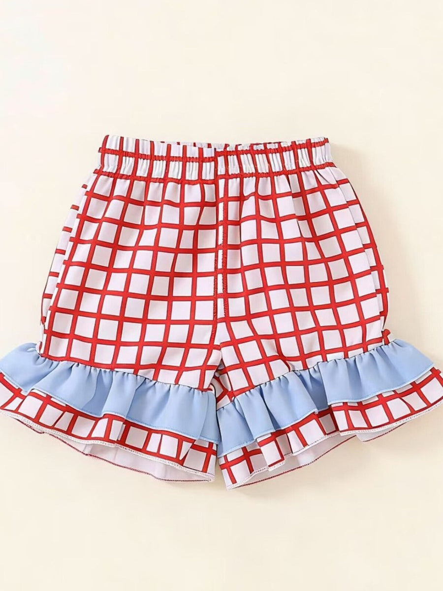 Baby shorts with red checkered pattern and blue ruffled hem