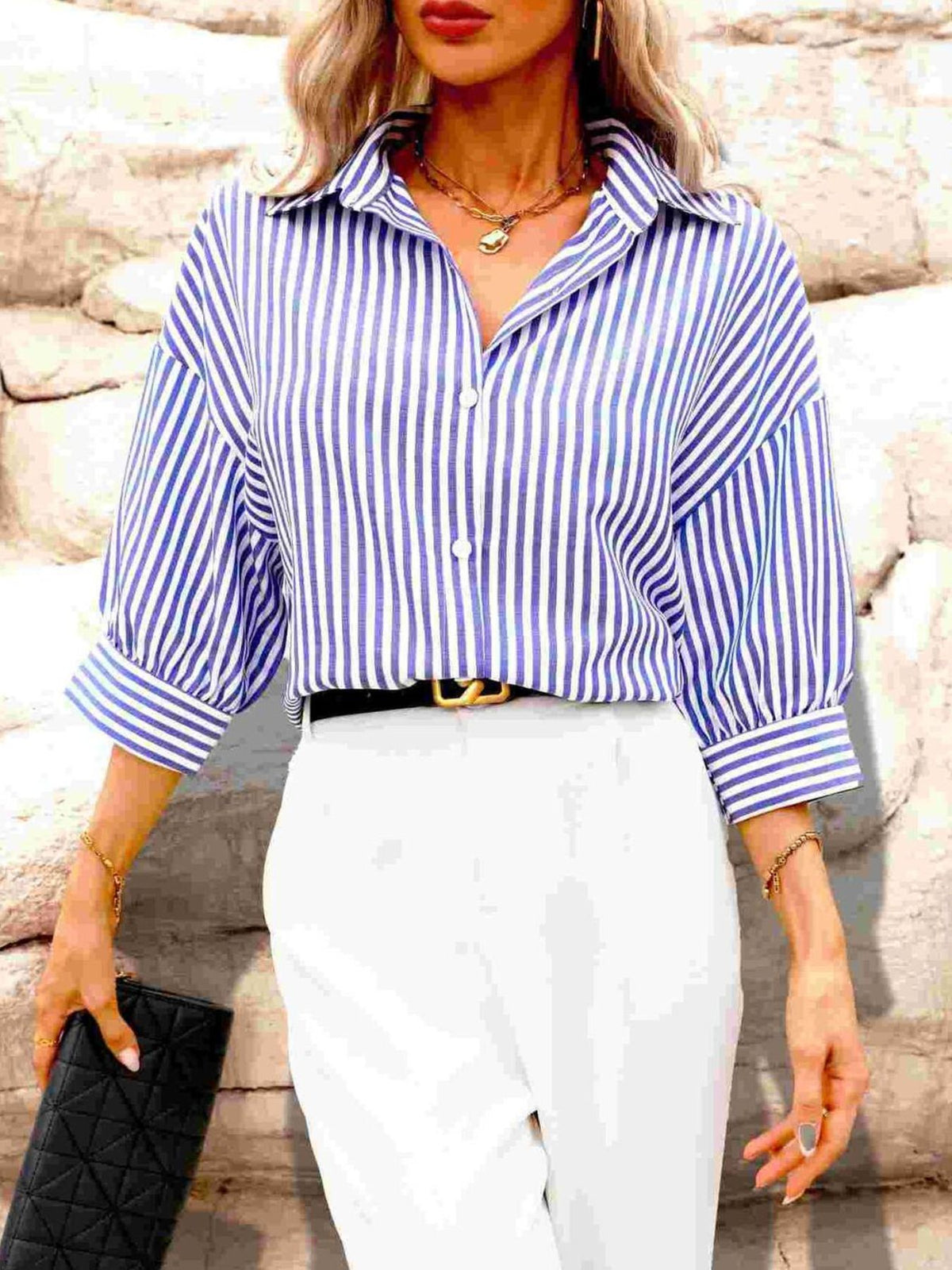 royal blue button-down shirt with striped and collared