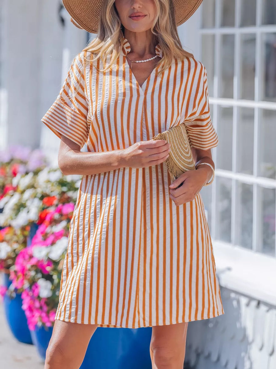 Striped V-neck shift mini dress with short sleeves and a relaxed fit.